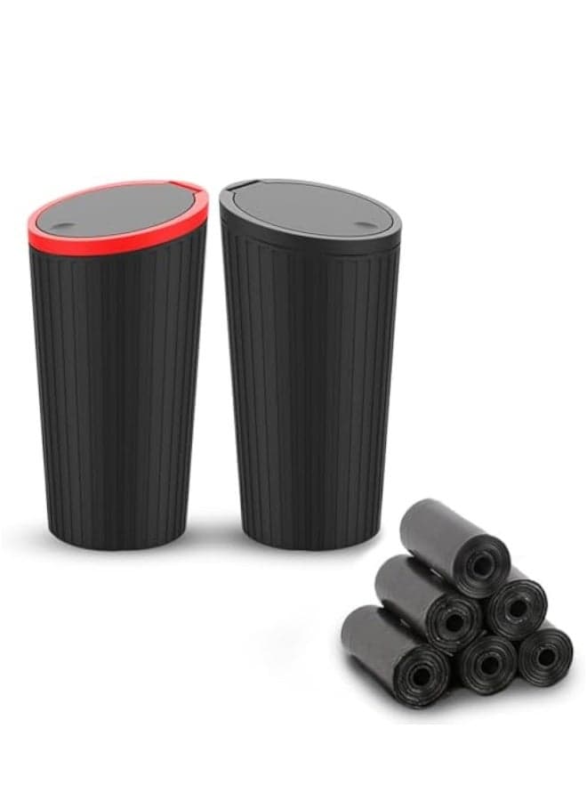 2Pcs Car Garbage Can Cup Holder, Mini Trash for Car, Car Trash Can with Lid, with 90 Pcs Black Bags, Small Car Trash Bin, Leakproof Car Can, Push to Open Lid Auto for Car Accessories, Black Red