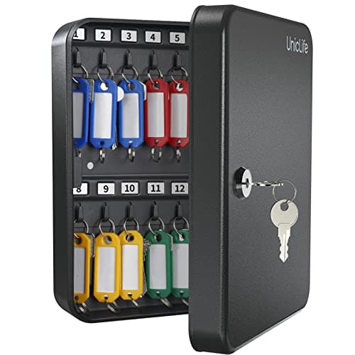 Uniclife Steel Key Cabinet Wall Mounted Organizer - 28 Keys, 2 Unlocking Keys - Black Frosted Security Box with Hooks and Color-Coded Labels
