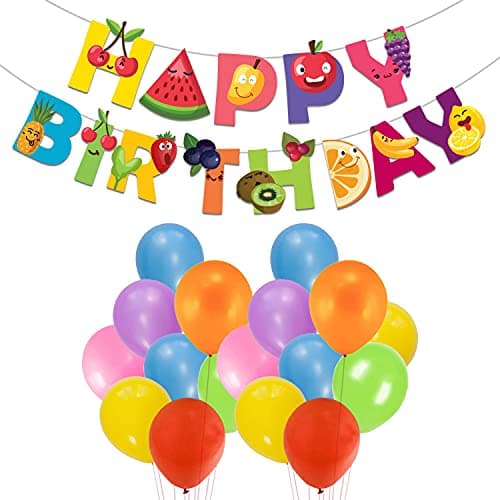 Festiko® Tutti Frutti HappyBirthday Fruits Theme Party Supplies Decoration Combo for Boys and Girls, Kids Favors (Banner/Bunting & Balloons with Ribbons)- 51 Pcs