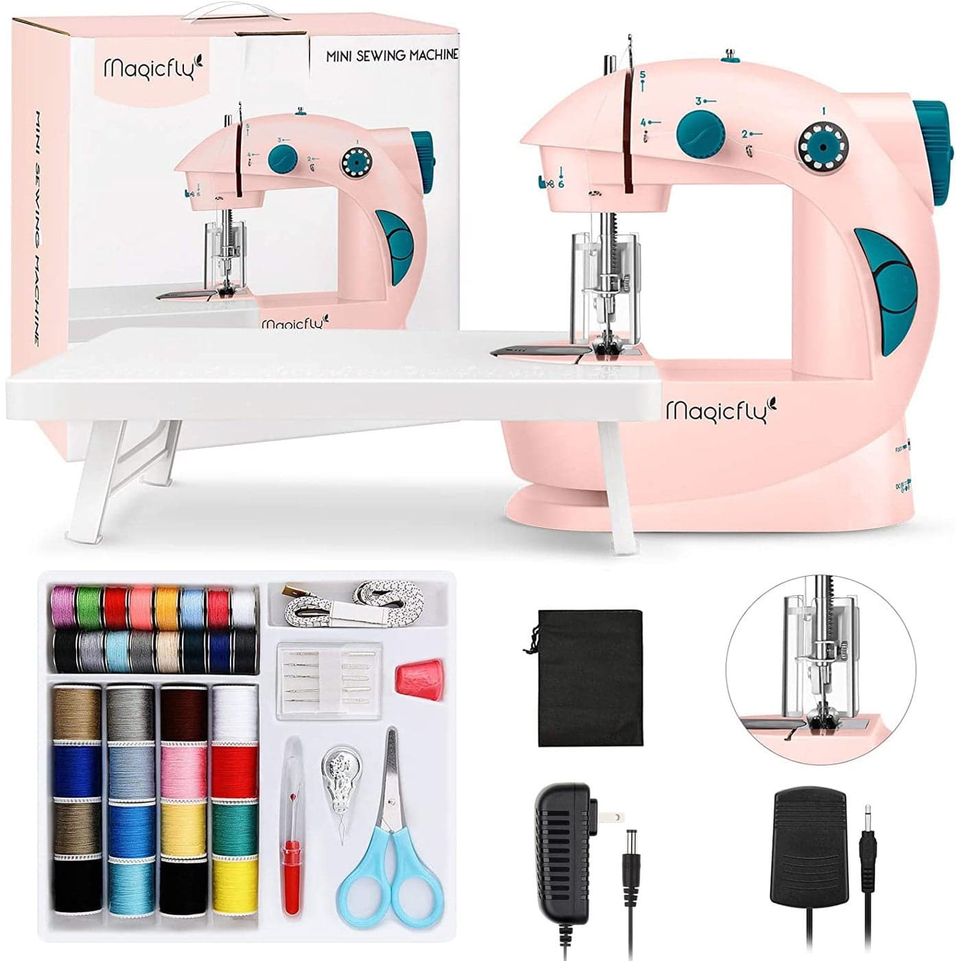 Magicfly Mini Sewing Machine with Extension Table Dual Speed Portable Sewing Machine for Beginners with Light Sewing Kit for Household Use Pink
