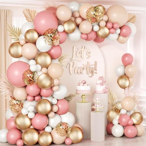 Pink White Balloon Arch Kit Retro Pink Nude Matte White Metallic Gold Balloons and Gold Confetti Balloons for Valentines Day Boho Engagement Wedding Bridal Shower Birthday Decorations
