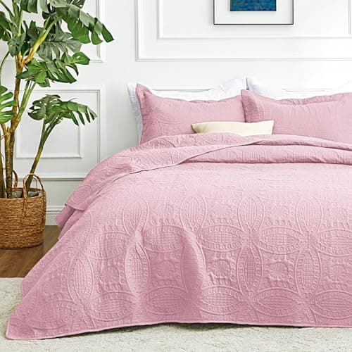 Love's cabin Quilts for Full Bed Pink Bedspreads Bedding Set - Lightweight Bedspread Comforter - Coin Pattern Bedding Coverlet for All Season - 3 Pieces (1 Quilt, 2 Pillow Shams)