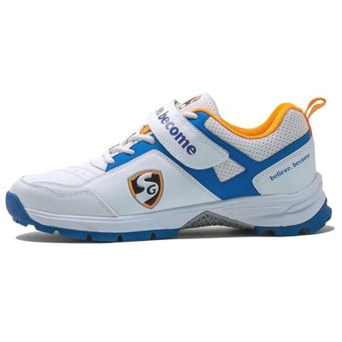 SG Unisex-Adult Century 6.0 Rubber Spikes Cricket Shoes, White/Royal Blue/Orange - 10Uk