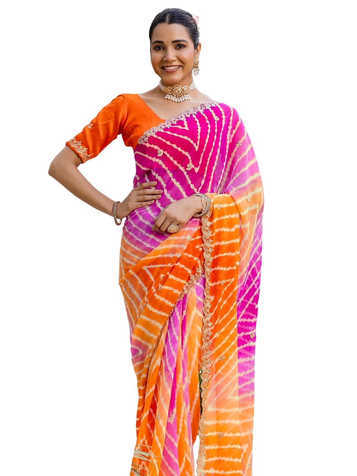 Satrani Women'S Georgette Printed Embroidery & Scalloped Border Saree With Unstitched Blouse Piece (4608S213N_Orange & Rani Pink)