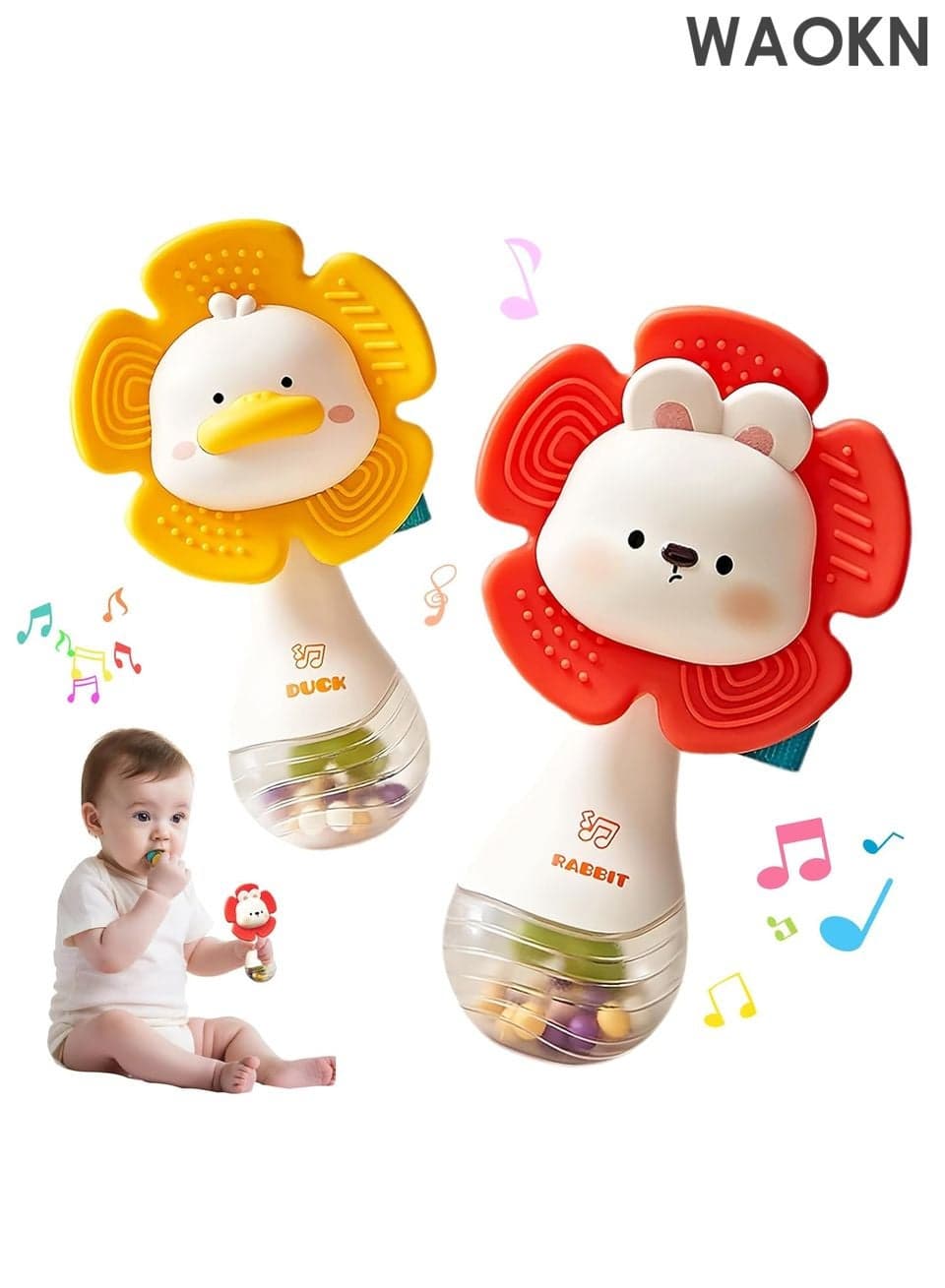 2 PCS Baby Rattles Teething Toys 3-6 Month, Baby Toys for 0-6 Months Infant Toy Sensory Toys with Beads Grasping Shaker, Newborn Must Haves Montessori Toys Babies Gifts