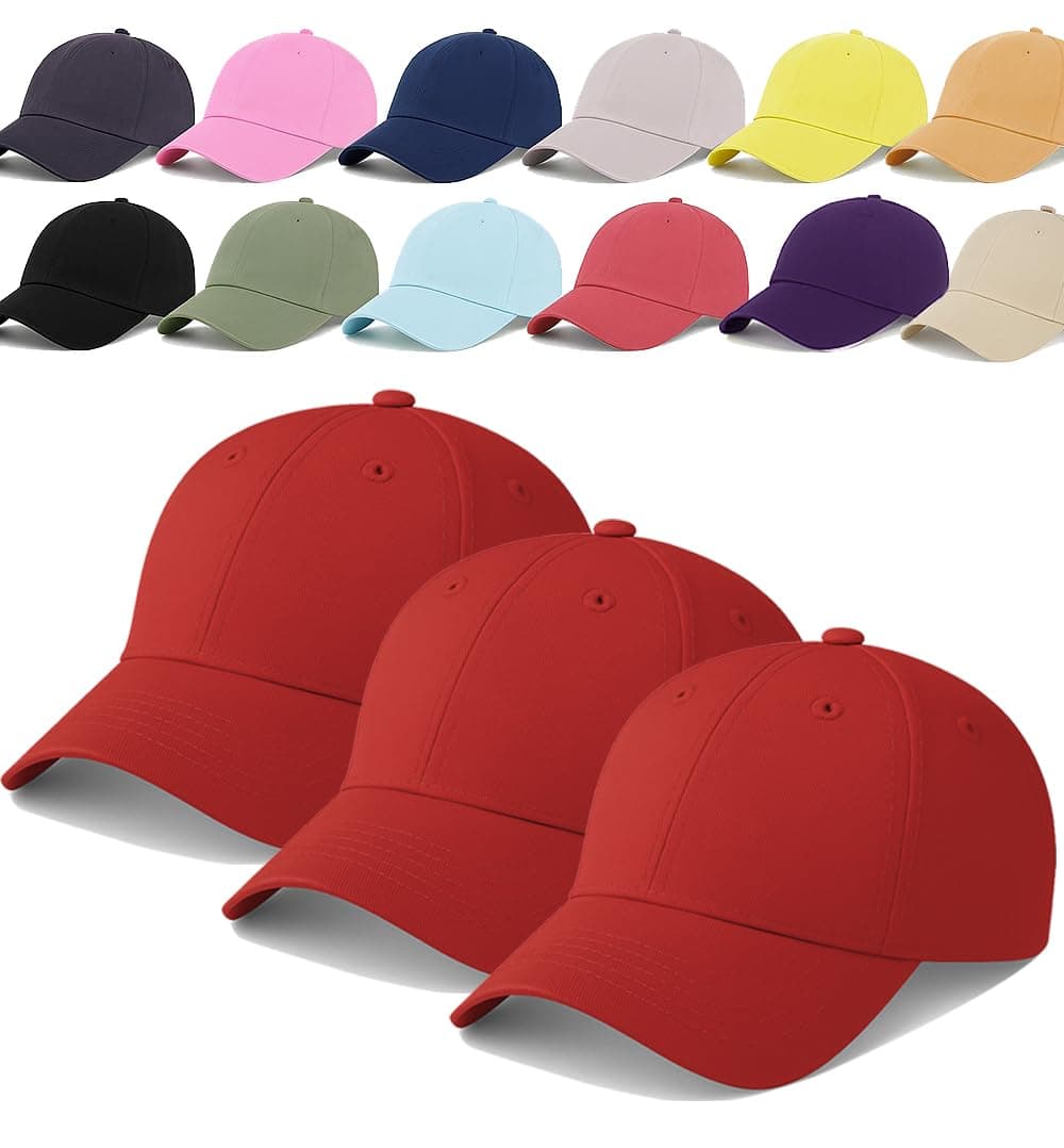 ENCIGER Unisex Adjustable Baseball Cap Pack of 3 - Solid Color Cotton Caps for Men & Women - Breathable Lightweight Headwear for Outdoor, Travel, Gym, Casual Wear (Red)