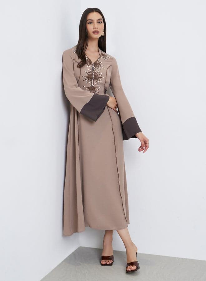 Take Two Beige Embroidery Back Tie A-Line Maxi Dress
