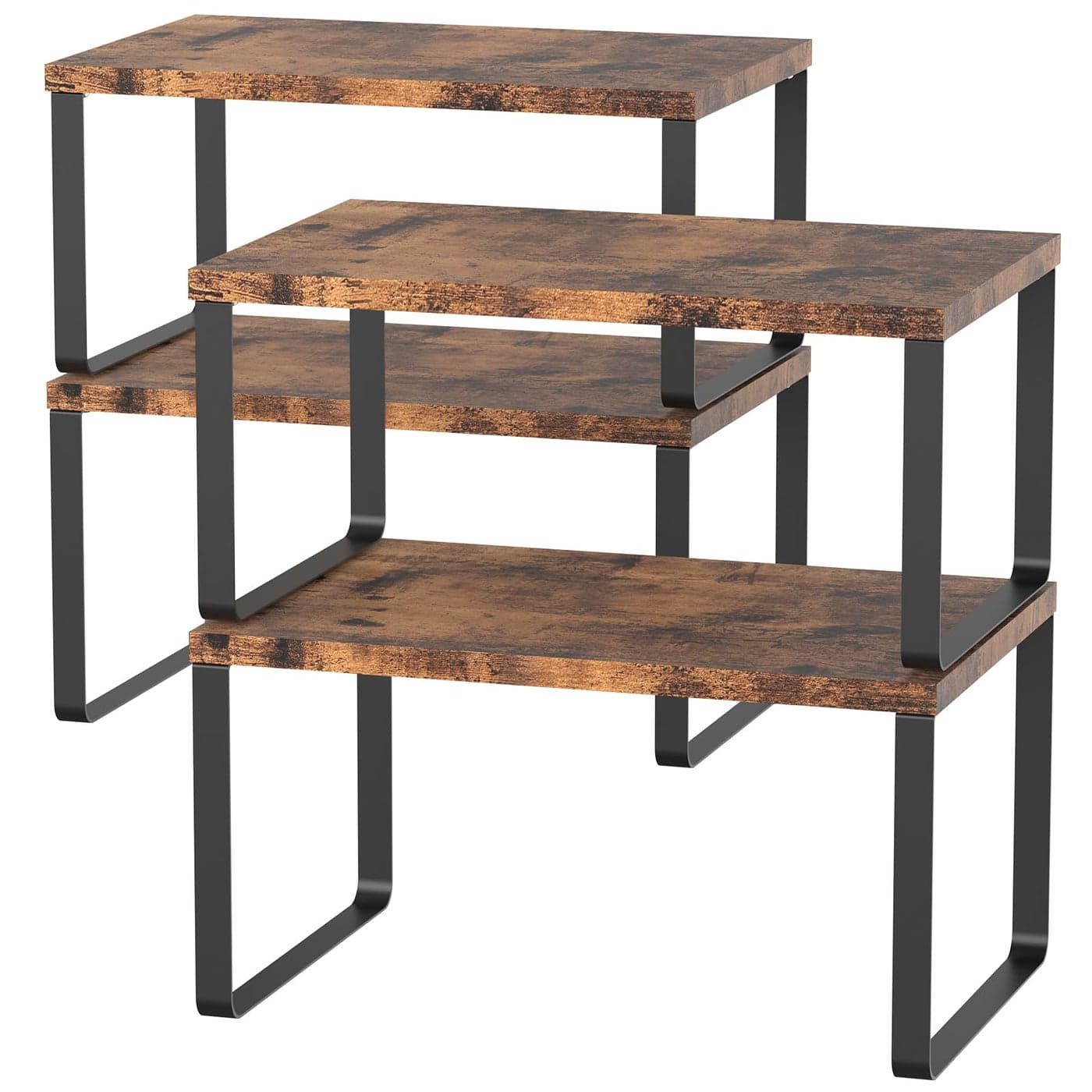 CADUKE Set of 4 Counter Shelves Kitchen Stackable Cabinet Shelf Wood Organizer Expandable Counter Top Racks Brown Bathroom Counter organizer