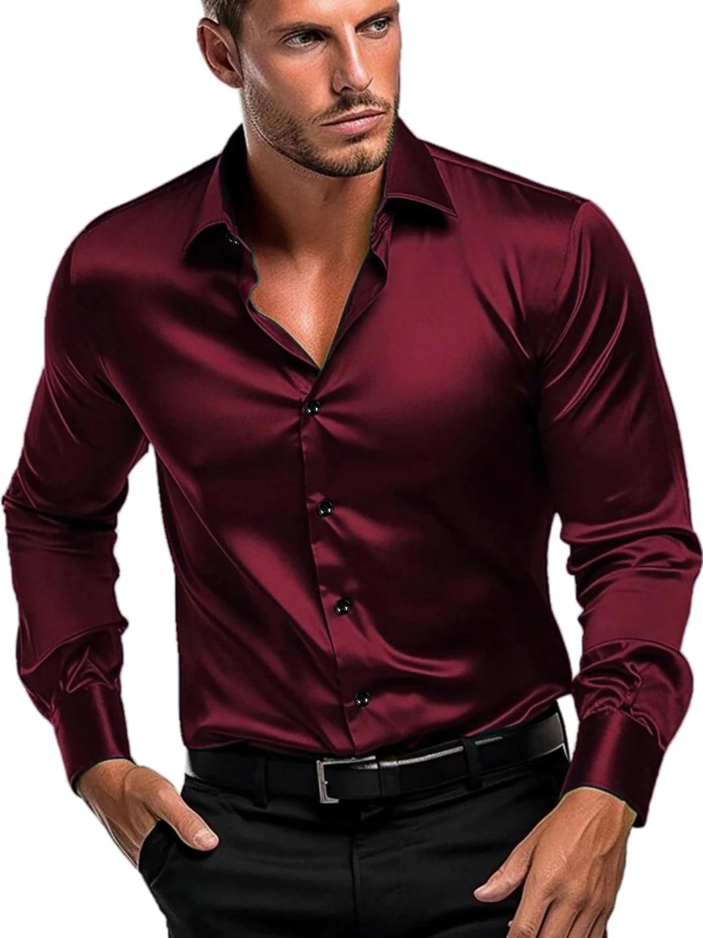 IndoPrimo Men's Classic fit Plain Satin Casual Shirt for Men Full Sleeve (in, Alpha, 2XL, Red)