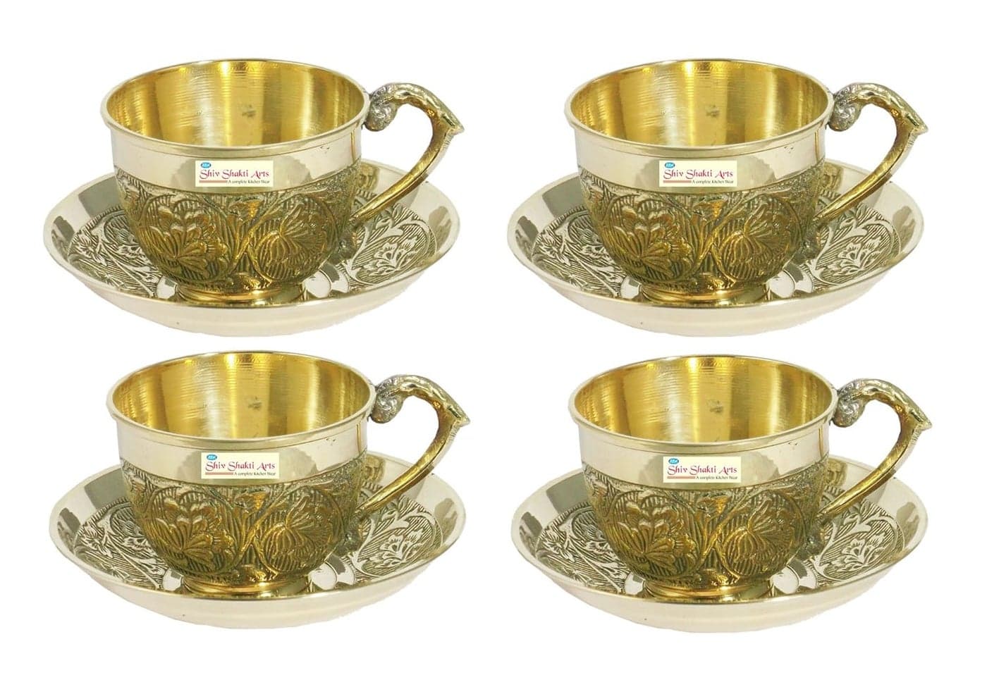 SHIV SHAKTI ARTS Handmade Set of 4 Brass Tea Cup and Saucer Sets Capacity150 ml Each