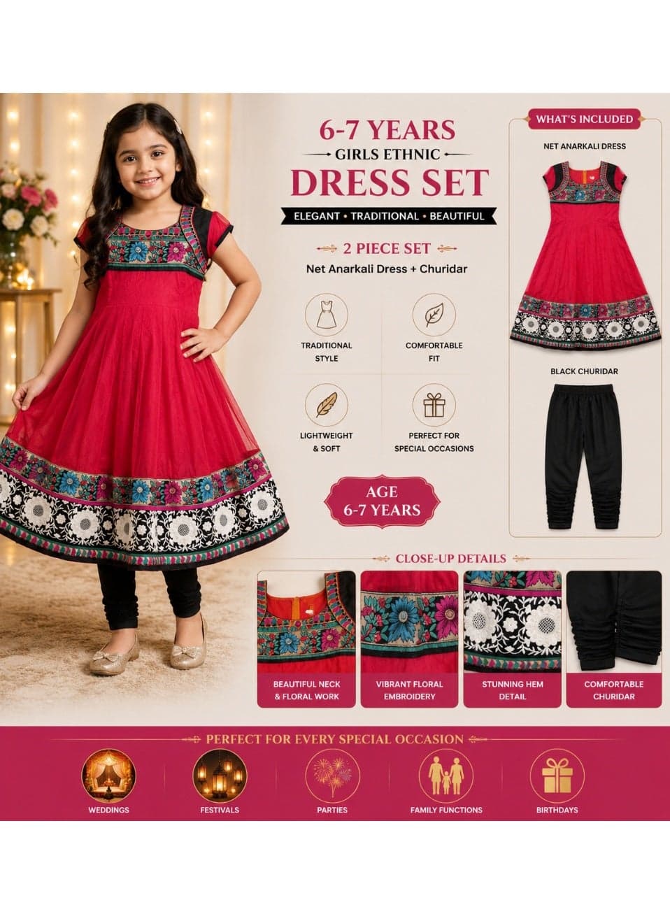 6-7 Years Girls Net Anarkali Ethnic Dress with Black Churidar, Pink Floral Embroidered Traditional Indian Party Wear, 2 Piece Set Size 32