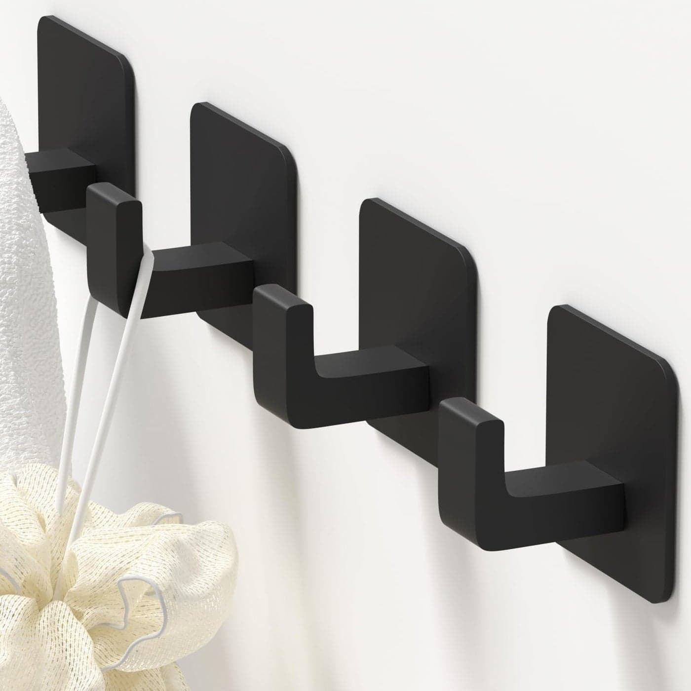 GWAAZXGZ Square Self Adhesive Towel Hooks 4 Pack Matte Black Metal Hooks RightAngle Design for Towels Robes Hats Organize Bathroom Kitchen Entryway Doors Cabinets on Smooth Surfaces