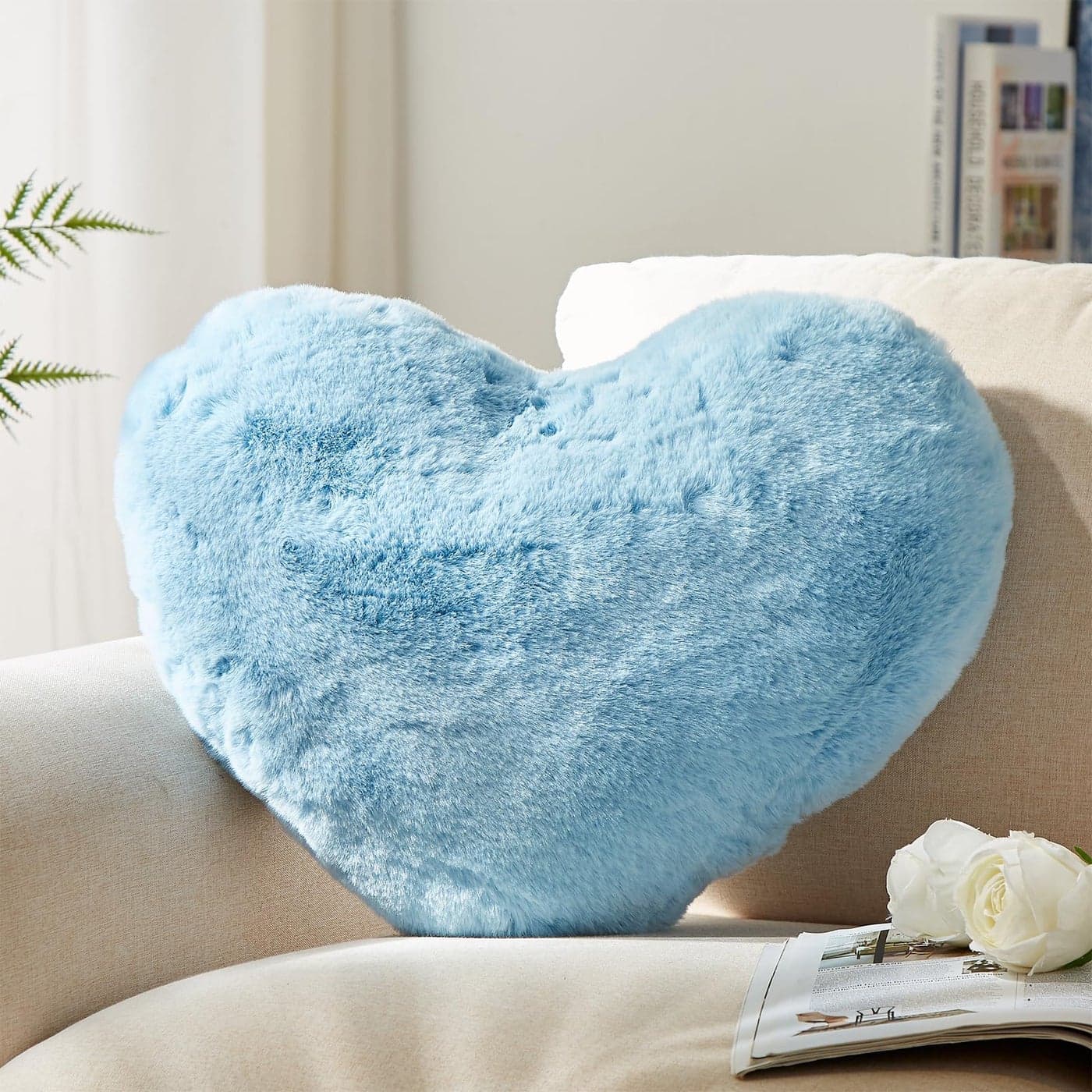 YRXRUS Heart Pillow Blue Heart Pillows Love Pillow Gifts 14X17 Inch Large Heart Shaped Pillows Faux Rabbit Fur Coquette Room Decor Throw Pillows Living Bedroom Indoor Outdoor