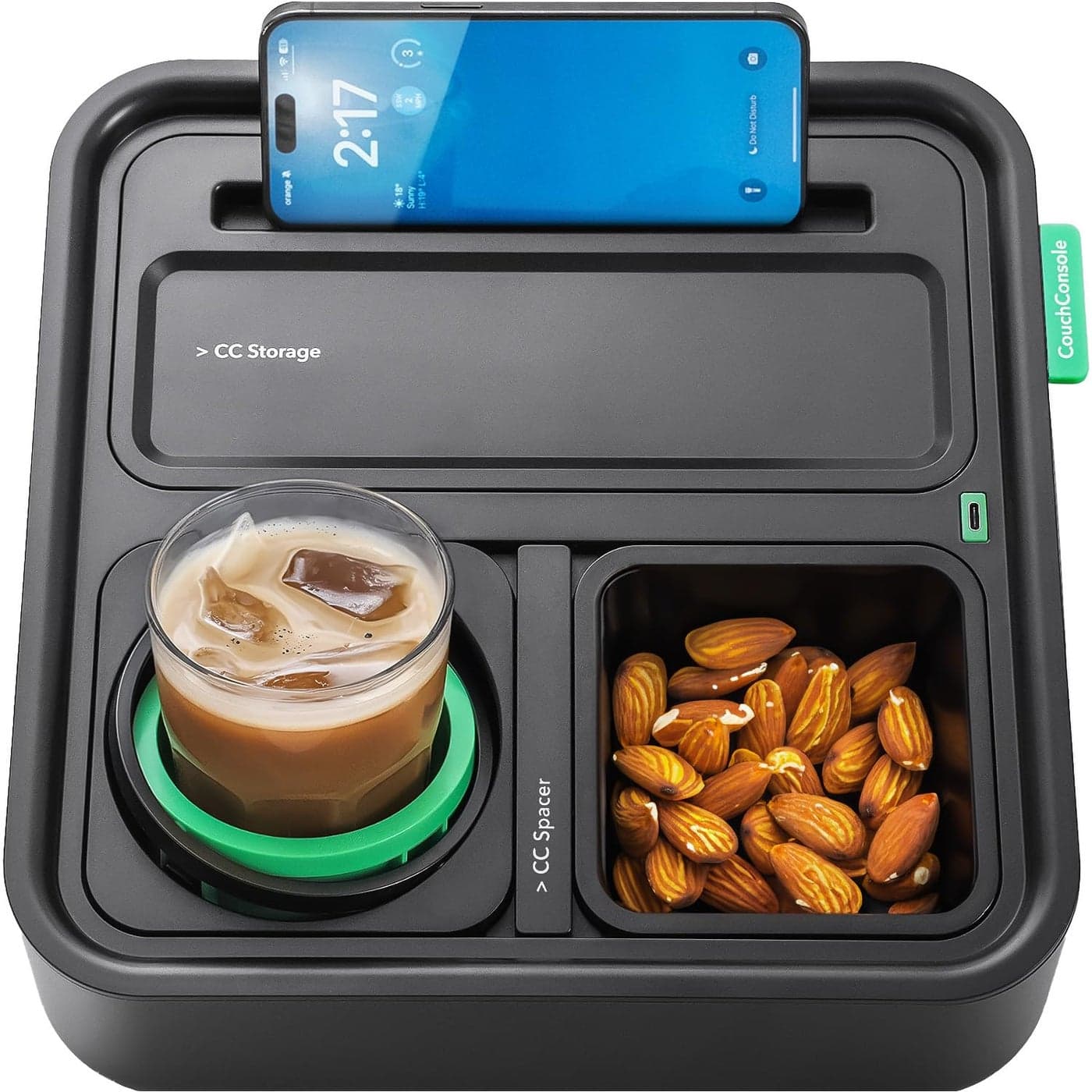 CouchConsole Original Tray Drinks Snacks Sofa Caddy with Armrest Table with Phone Stand TV Remote Control Storage and Organizer for Living Rooms RV and Cars BlackGreen