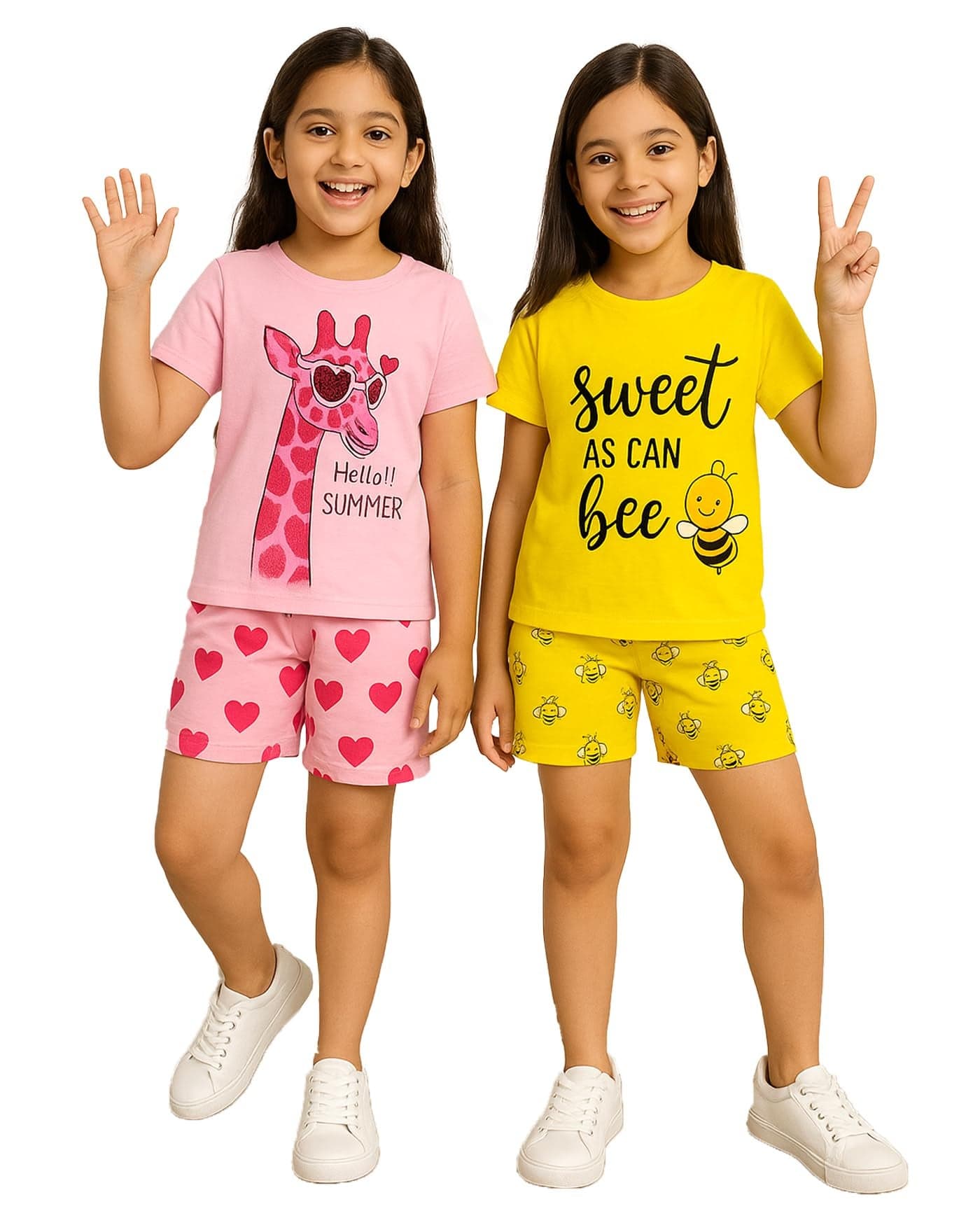 Kuchipoo Girls Regular Fit Cotton T-Shirts and Shorts Set (KUC-NSUT-152, 7-8 Years, Multi-Colored)