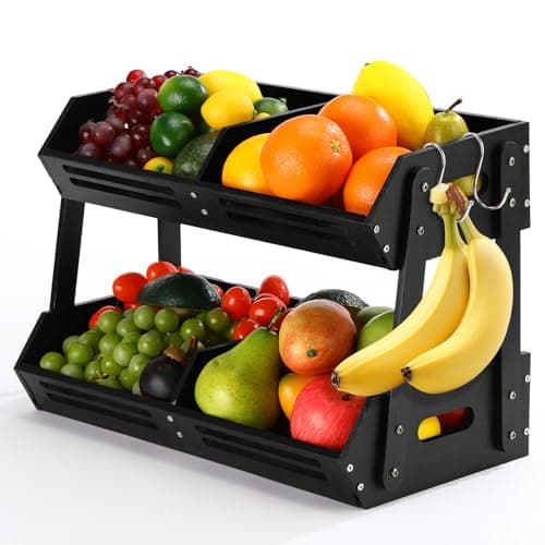 Briwooody 2 Tier Fruit Basket for Kitchen Counter Fruit Storage Large Black Wood Vegetables Basket with Banana Hooks Bowl Stand Holder Snack Organizer Countertop Onion Bread Pantry