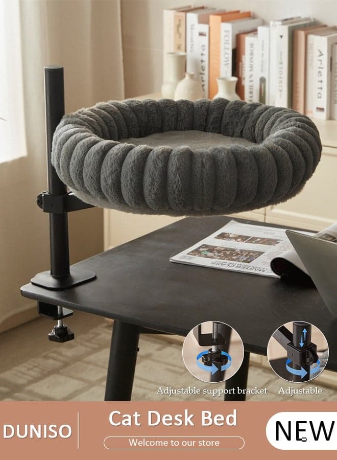 Cat Desk Bed,Comfortable Soft Pet Bed for Kitten, Indoor Desktop Cat Hammock with Pet Pad,360° Rotation & Adjustable Height (Grey)