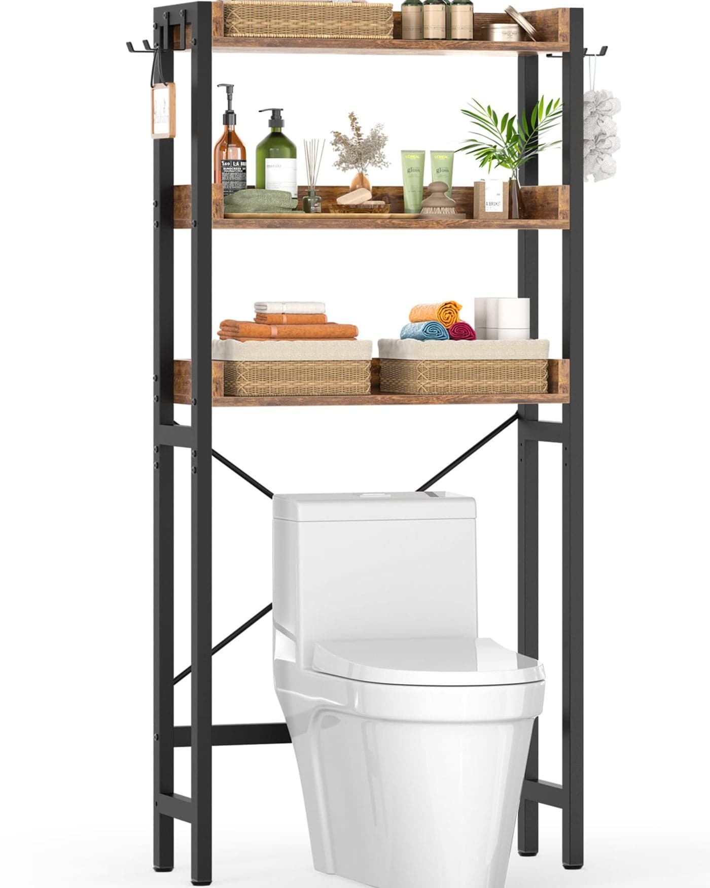 Ecoprsio OverTheToilet Storage Rack 3Tier Bathroom Organizer Shelf Over Toilet Freestanding Space Saver Toilet Stands with 4 Hooks Rustic Brown