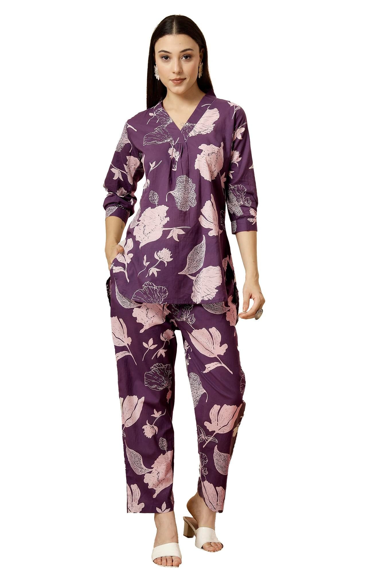 Pistaa's Women Ivory Printed Baroque Pure Cotton Co-Ord Set (Mauve, Large), Pink