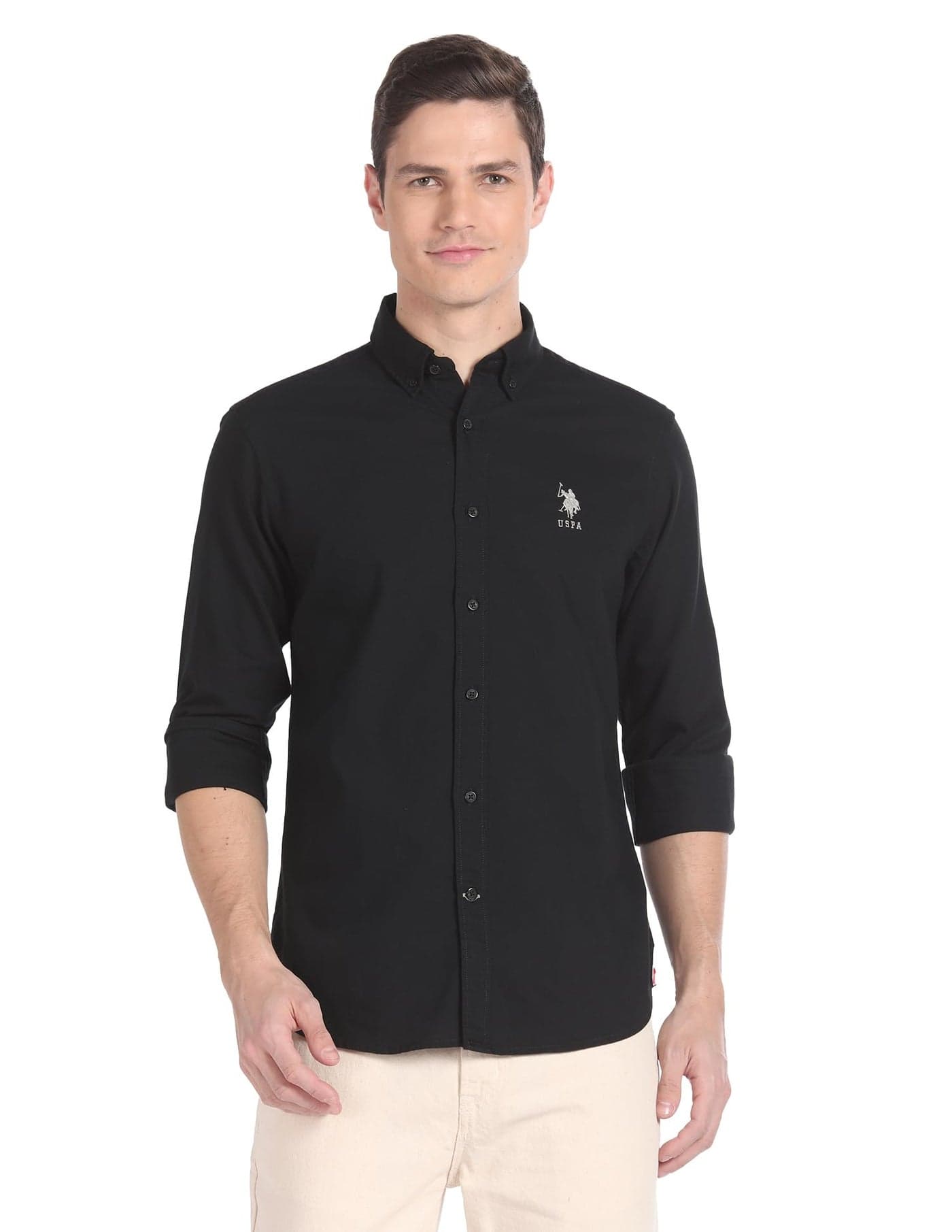 U.S. POLO ASSN. Cotton Shirt for Men | Regular Fit, Button-Down Collar & Long Sleeves Shirt for Men - S, Black