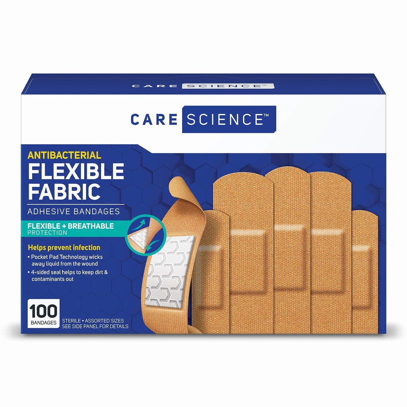 Care Science Fabric Adhesive Bandages 100 ct Assorted Sizes Flexible Breathable Protection Helps Prevent Infection for First Aid and Wound Care