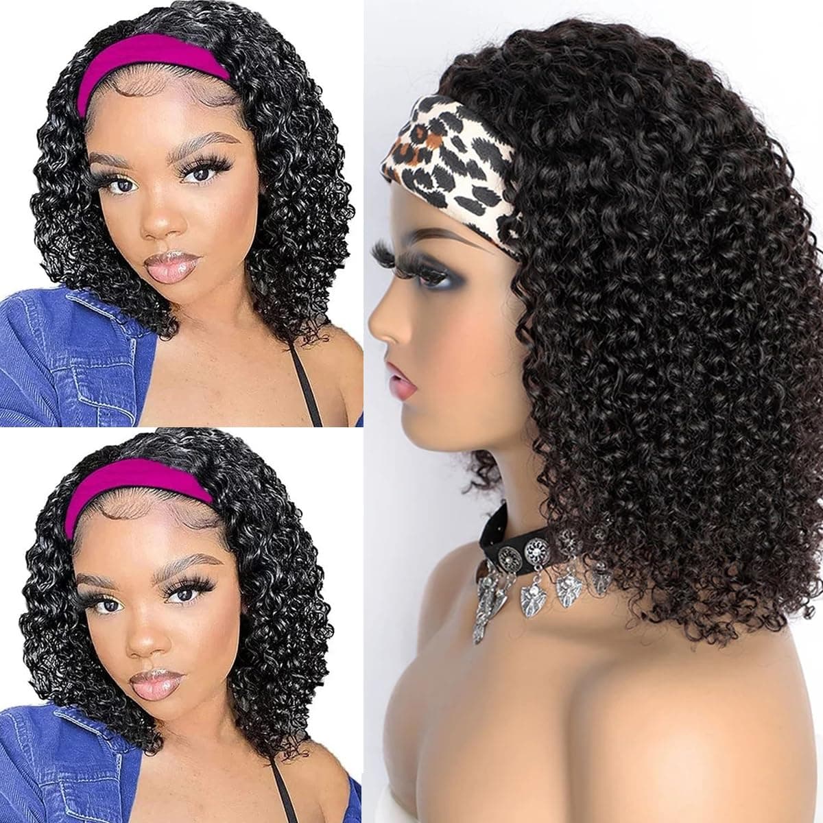 Water Wave Headband Wig Human Hair Glueless None Lace Headband Wig Brazilian Human Hair Machine Made Curly Wigs for Black Women Short Wigs Kinky Curly Weave 100 Unprocessed Hair 150 Density 12 Inch