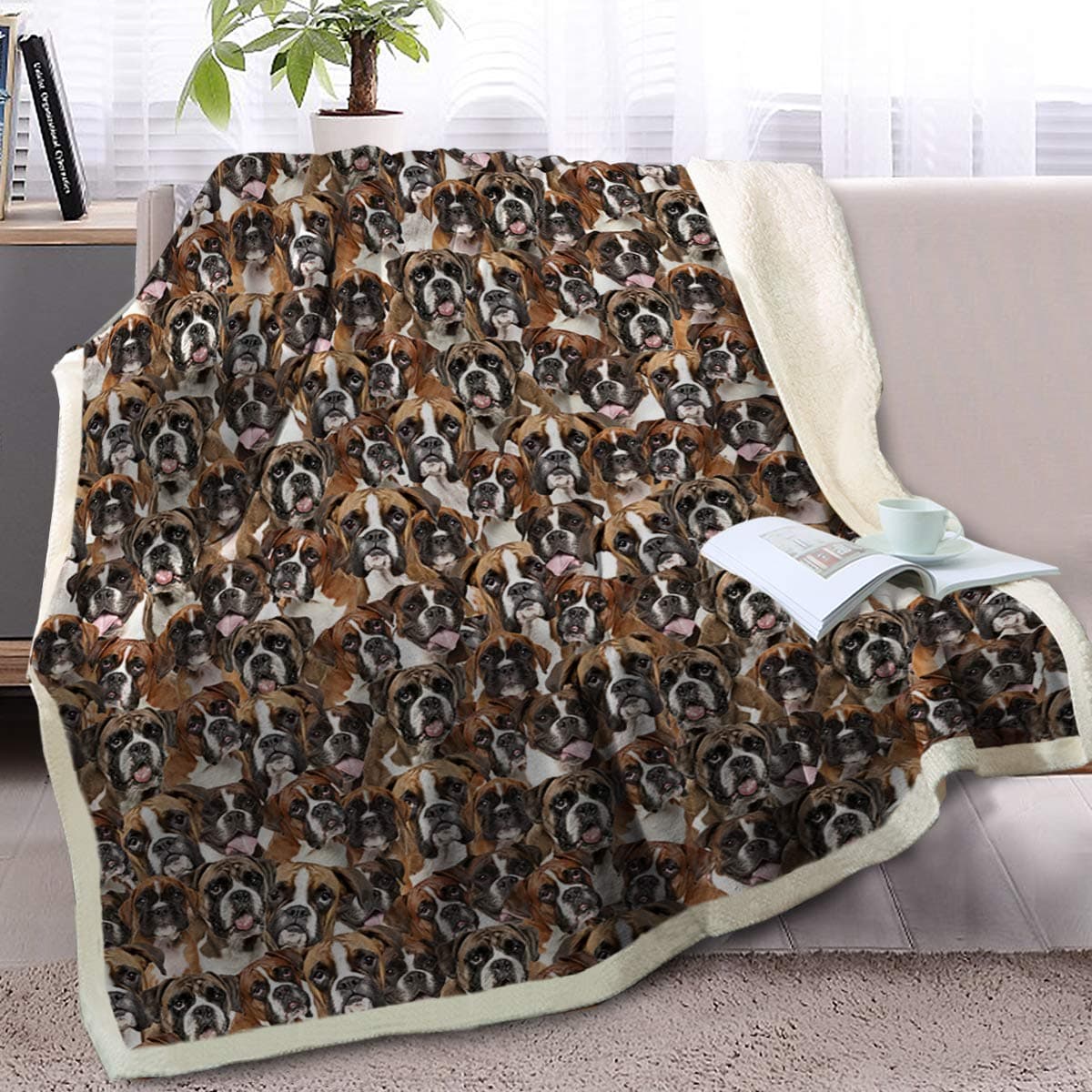 BlessLiving Boxer Dog Blanket Super Soft Cozy Reversible Fluffy Sherpa Throw Blanket for Kids Girls Adults Cute Pet Fleece Blankets White Boxer Dog Prints Mom Gifts Blankets 50 x 60 Inches