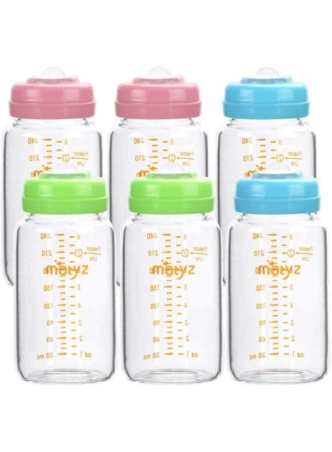 Matyz Glass Storage Bottles, 6 Pack, 8 oz (Cylindrical Shape, 3 Color Lids)
