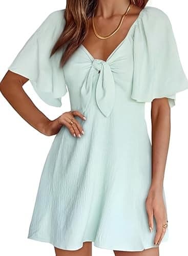 Dokotoo Women Dresses Summer Linen Dresses for Women Womens Easter 2025 Fashion Casual Elegant V Neck Drawstring Ruffle Solid Cap Sleeve Mini Summer Dress Green 2025