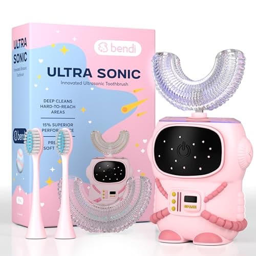 Bendi Sensory 360 Round U-Shaped Astronaut Design Mouthguard Electric Toothbrush for Kids Ages 2-7 - Automatic Memory Function - 5 Modes Toothbrush with Multiple Heads – Kids Travel Essentials (Pink)