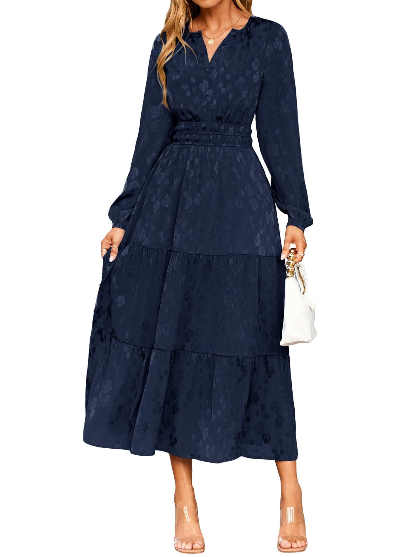 Simplee Womens Wedding Guest Fall Maxi Dress Aline Elegant Floral VNeck Maxi Holiday Dresses 2025 TrendyLargeNavy Blue