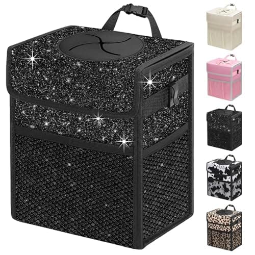 Capolo Car Trash Can with Lid Leakproof Car Trash Bag Hanging Waterproof Automotive Garbage Can with Storage Pockets Mini Vehicle Trash Bin for BackFront SeatSparkly Black25 Gallon