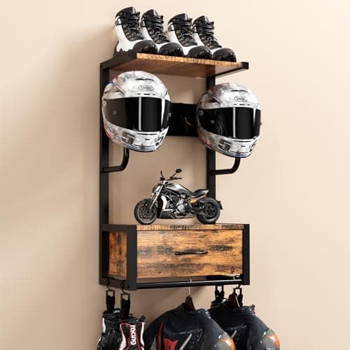 Motorcycle Helmet Holder Wall Mounted Helmet Holder Wall Mount with Helmets Rack and Hooks for for 6 Helmets Riding Suits Accessories Sturdy Construction Storage Organizer for Entryway or Garage
