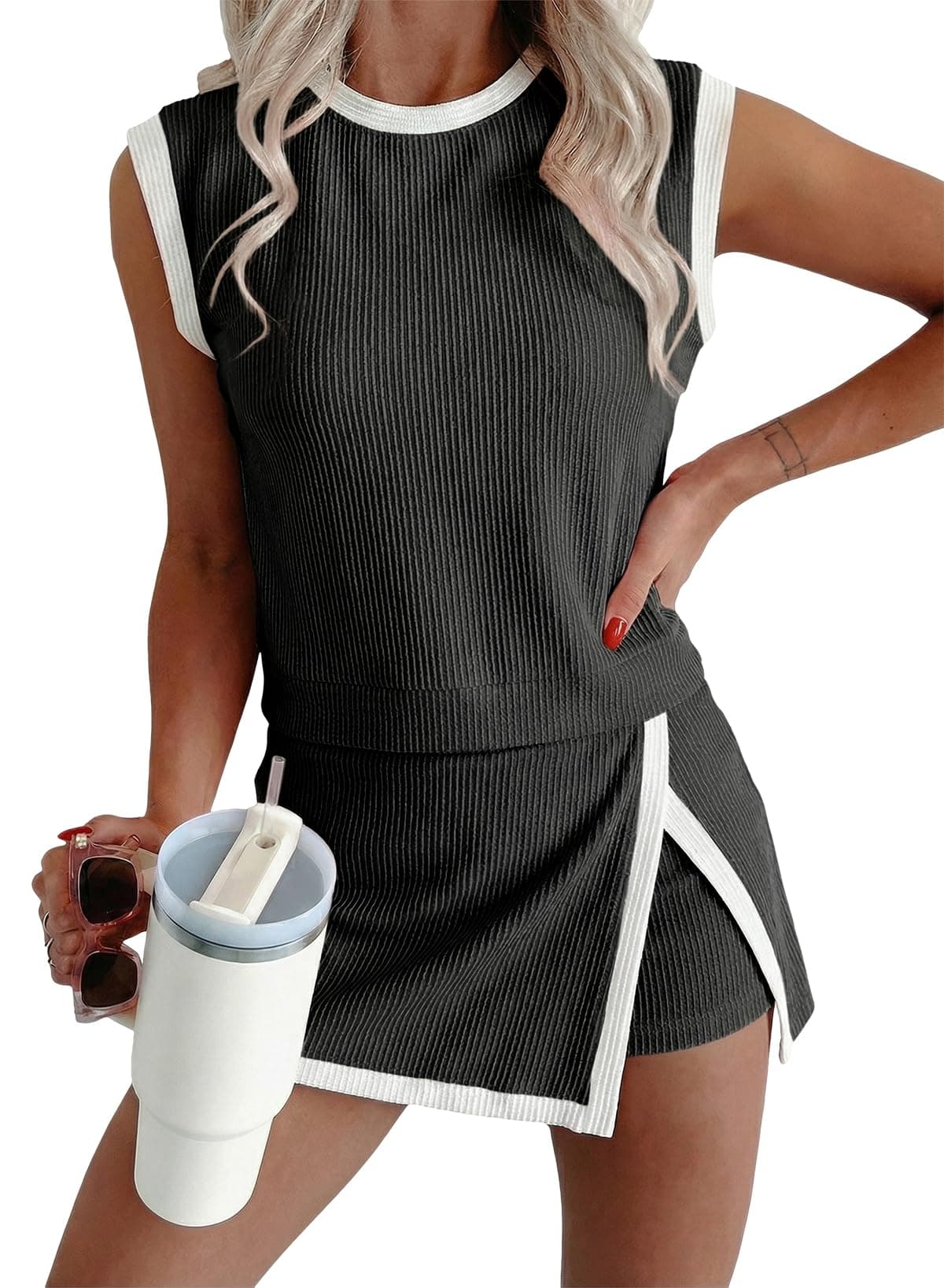 EVALESS 2 Piece Sets for Women Summer Matching Athletic Lounge Outfits Ribbed Knit Tank Top and Elastic Waist Split Lined Skirt 2026 Spring Fashion Womens Travel Workout Set Plus Size Black XX-Large