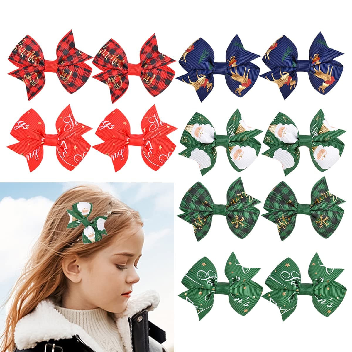 12 Pcs Christmas Hair Bows Clips for Girls Christmas Bow Clips Santa Hair Bow Lattice Bowknot Hairpins Kids Christma Hair Accessories