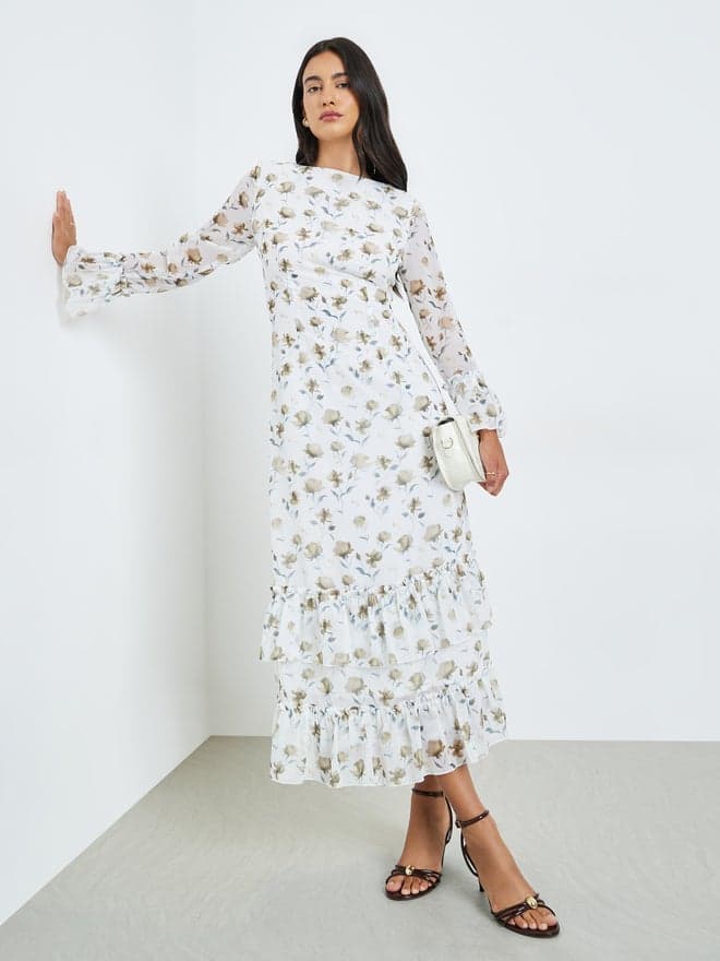 Styli White Floral Print Ruffled Maxi Dress