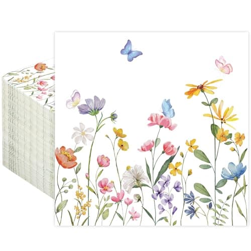 100 PCS Wildflower Cocktail Napkins Disposable Spring Floral Party Napkins 3-Ply Spring Flower Butterfly Paper Napkin for Wedding Bridal Baby Shower Birthday Tea Party Supplies