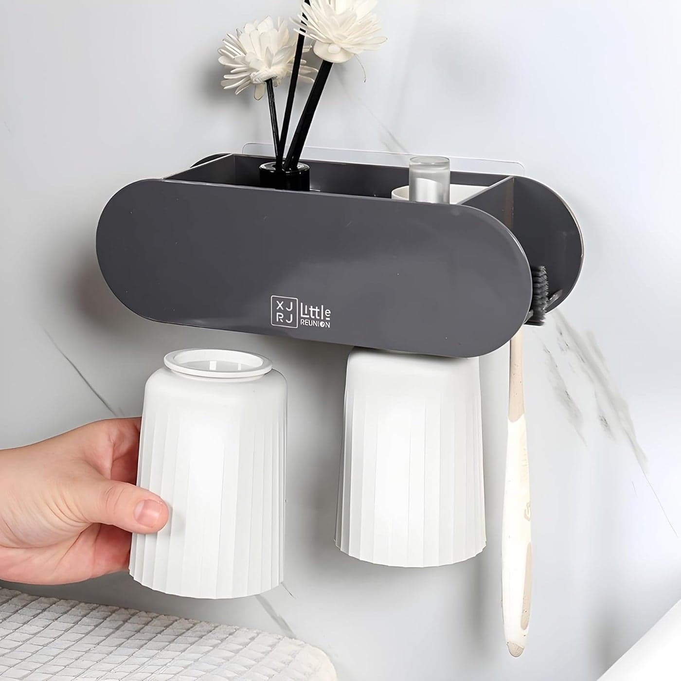 Jinila Multipurpose Self Adhesive Sticker Support Bathroom and Wash Basin Organiser Toothbrush Toothpest Holder with 2 Gargle Cup Pack of 1 Gray and Cream