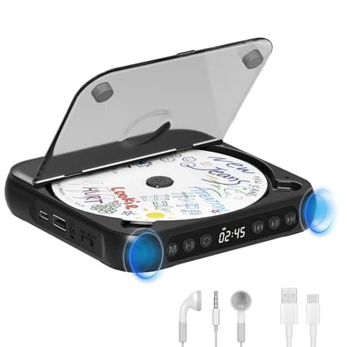 Portable CD Player with Bluetooth 5.3, Rechargeable CD Player for Home/Car, Built-in HiFi Speakers, Headphones, LCD Screen, Supports CD/AUX/USB and Repeat Modes, Black