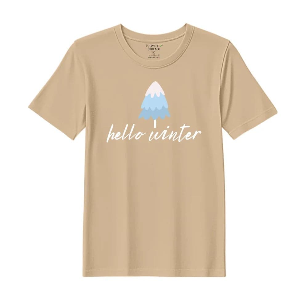 BYFT Threads XXL Beige Polycotton T-Shirt - Christmas "Hello Winter" Printed Design, Premium Holiday Collection