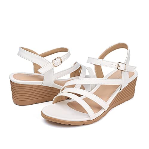 SHIBEVER Wedge Sandals for Women Dressy White Summer Platform Size 7 Womens Casual Sandals Comfortable Low Wedges Open Toe