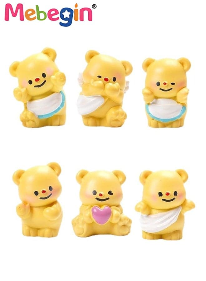 6PCS Yellow Bear Miniature Figurines with Different Poses, Mini Cartoon Bear Figures, Baby Shower Decoration, Suitable for Micro Landscape Desktop Display, DIY Crafts, Playful Accents and Car Interior Decoration, Made of Resin, 21*18*30mm