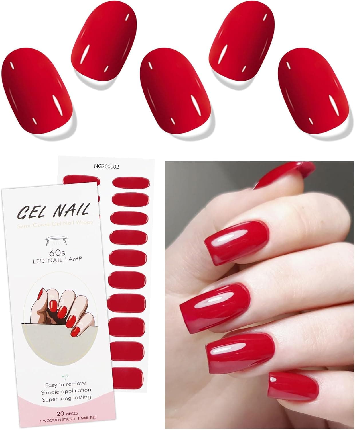JMEOWIO Semi Cured Gel Nail Strips Bright Red Christmas Gel Nail Stickers Nails Art Design Decoration Accessories