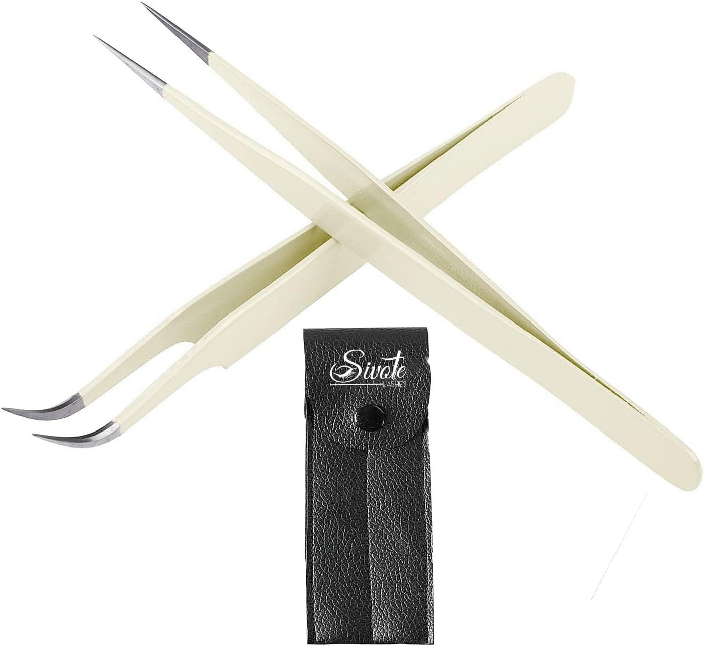 SIVOTE Lash Tweezers for Eyelash Extensions, Hand Calibrated Straight & Curved Tip, Pack of 2, Vanilla