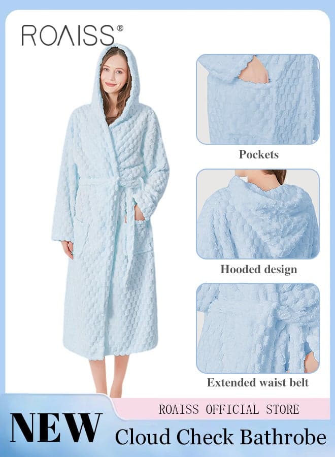 Unisex Thicken Absorbent Bathrobe Cloud Pattern Coral Fleece Sleepwear Attached Hood, Dual Front Pockets Adjustable Waist Tie Lightweight, Soft, Non-shedding Coral Fleece with High Absorbency Blue