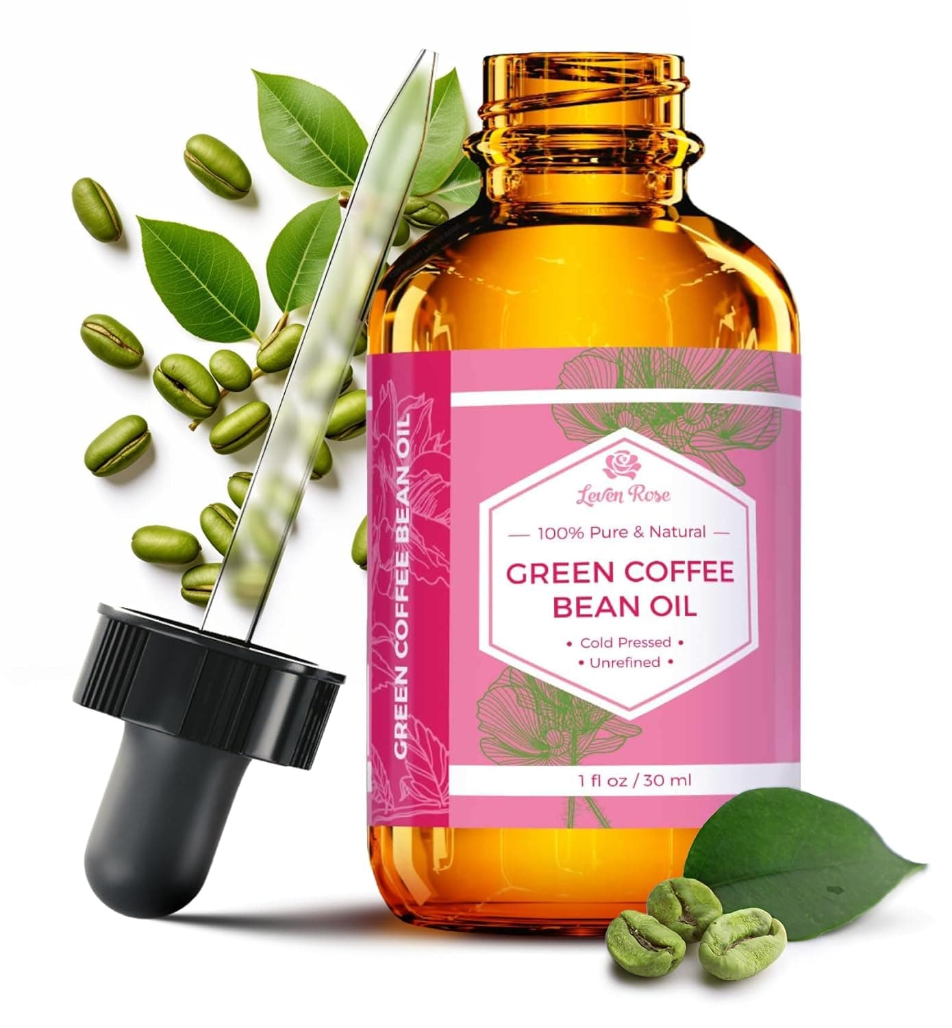 Leven Rose Green Coffee Bean Oil 100 Natural Pure Cold Pressed Unrefined Coffeebean Oil For Around Eyes Face Nails Skin And Hair 1 oz Bottle 1 ounce