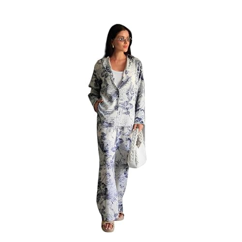 Gufrina Women's Full Sleeve Chinese Collar Top with Open Bottom Floral Printed Co-Ords Set - Elegant Print (White s)