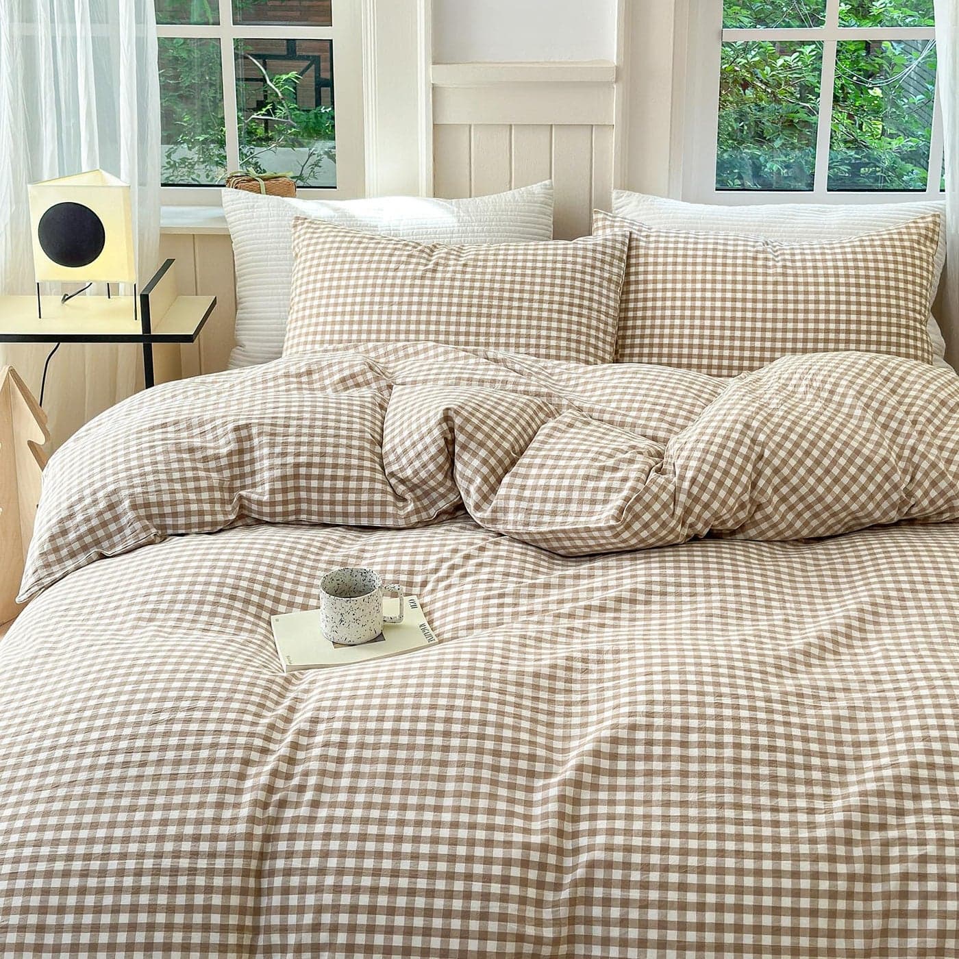 Tan Plaid Gingham Duvet Cover King 3 Pieces Checkered Grid Duvet Cover 100 Washed Cotton Beige Plaid Comforter Cover with Zipper Closure 2 Pillowcases Luxury Soft Gingham Bedding Set Breathable