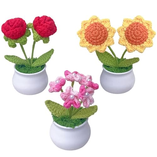 Rimvoe 3pcs Crochet Flower Pot, Sunflower Red Rose Forget Me Not Small Potted Flowers, Mothers Day Valentines Gifts for Mom Wife, Cute Desk Decor for Women Office Car Dashboard