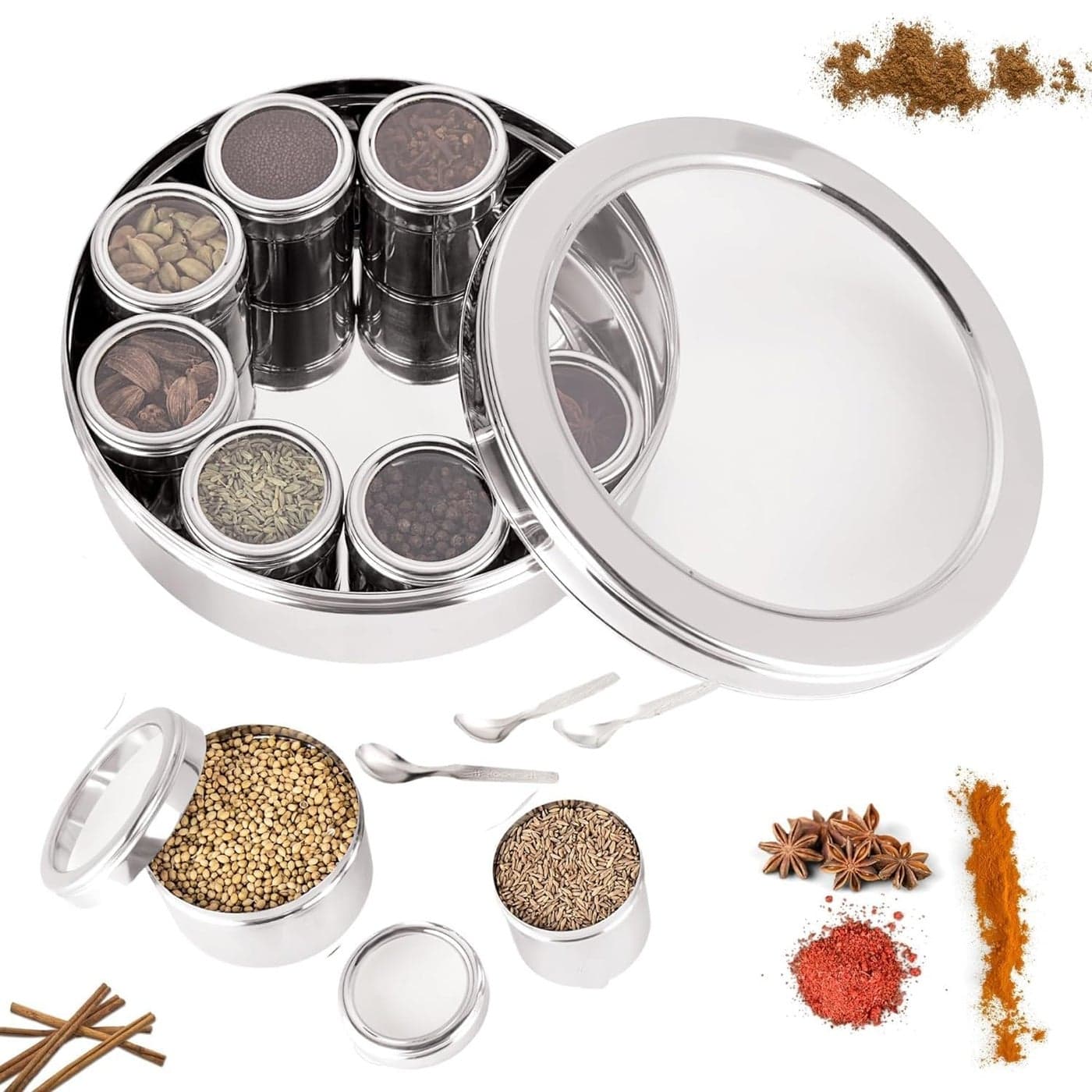 RJ kitchenware Store 9 in 1 Spice Box Stainless Steel stylish Extra Large Masala Box for Kitchen Steel Masala Dabba Steel See through lid 9 containers 1 Spoons225cms Silver